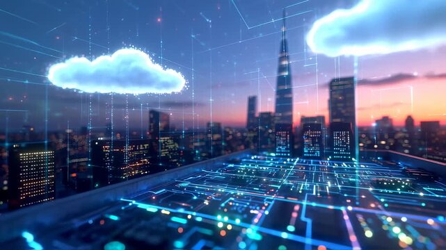 Futuristic digital cityscape with cloud computing network, data streams and connections with - Powered by Adobe