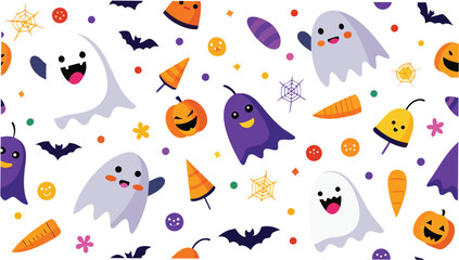 A festive halloween pattern featuring cute ghosts pumpkins bats and candy on a white background design