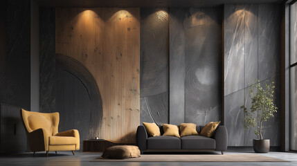 Modern Luxury Living Room with Textured Wall Panels and Yellow Accents