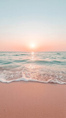 Obraz premium A serene beach scene at sunset with calm ocean waves rolling onto the sand The sun's warm light reflects on the water creating a peaceful and beautiful atmosphere