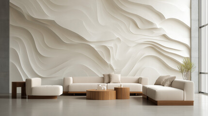 Modern Minimalist Living Room with Sculptural Wave Wall