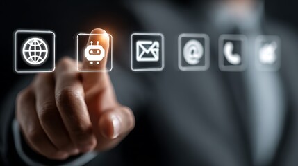 Person touching a digital screen selecting a chatbot icon among contact options