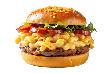 Photo of a delicious gourmet burger filled with creamy macaroni and cheese, topped with fresh lettuce, onions, and tomato slices, isolated on a transparent background