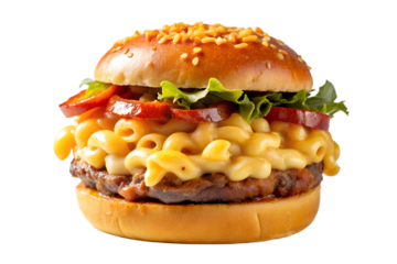 Photo of a delicious gourmet burger filled with creamy macaroni and cheese, topped with fresh lettuce, onions, and tomato slices, isolated on a transparent background