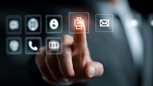 Person touching a transparent screen with icons for smartwatch and email