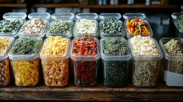 Variety of dried pasta and vegetables in clear plastic containers.