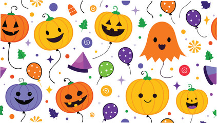 Naklejka premium Seamless pattern of pumpkins balloons ghost and party hats on a white background halloween theme design