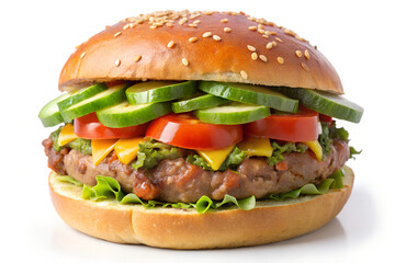Photo of a delicious and juicy hamburger with fresh toppings, isolated on a clean white background