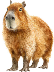 Watercolor illustration of a capybara standing peacefully isolated on transparent background