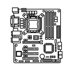 A detailed line art icon of a computer motherboard, showcasing the processor socket, memory slots, and electronic circuitry on a white background.