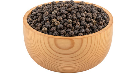 Isolated Black Peppercorns in Wooden Bowl