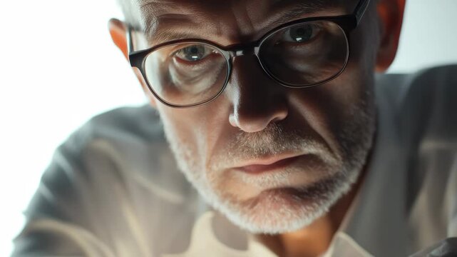 Intense gaze, beard, and glasses suggest deep concentration or intellectual pursuit.