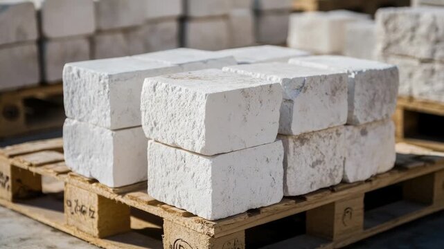 Stacked white bricks on wooden pallet, great for construction or DIY projects