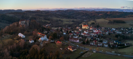The village of Pecka in the foothills of the Krkono&scaron;e Mountains with the iconic Pecka Castle
