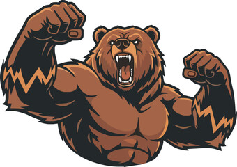 A powerful brown bear displaying its strength, roaring with clenched fists raised.