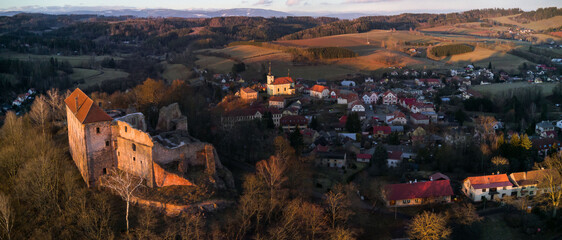 The village of Pecka in the foothills of the Krkono&scaron;e Mountains with the iconic Pecka Castle
