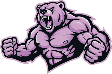 Muscular pink bear roaring with clenched fists, showcasing power and aggression in a cartoon style.