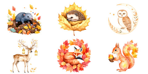Fototapeta premium Watercolor autumn animals set with transparent background