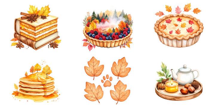 Autumn or fall themed food and treats with honey cake, pie, pancakes, and tea on transparent background