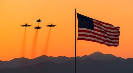 US Military Jets Flying at Sunset with American Flag in Background
