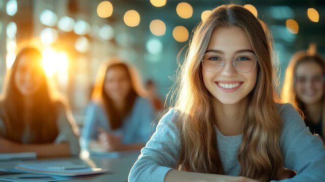 A smiling young woman wearing glasses looks directly at the camera, surrounded by a blurred background of other students and warm, inviting lights in a classroom setting.