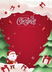 Christmas greeting card banner background with Santa Claus, gift boxes, snow, and Christmas trees on red background with copy space