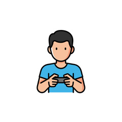 Illustration of a young man intensely playing a video game on a handheld controller. A colorful icon representing a gamer and his hobby.