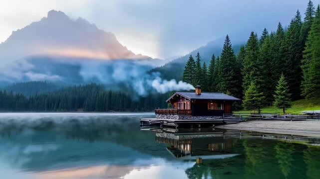 Scenic cabin nestled by a serene lake surrounded by majestic mountains and lush trees in a