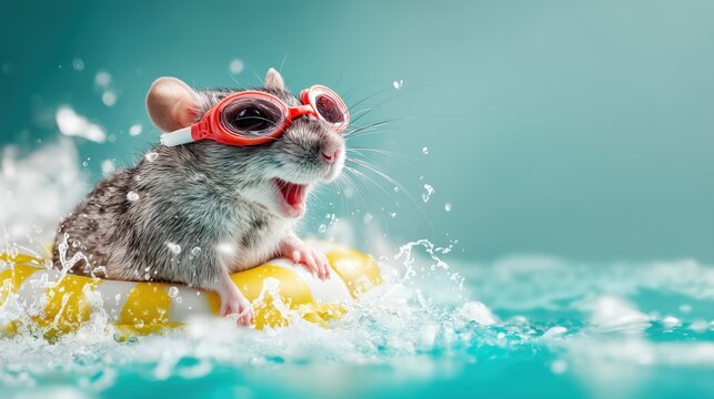 Lustige Wasserratte in Schwimmreifen, planscht im Wasser