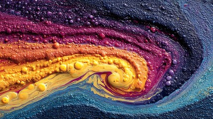 Abstract acrylic paint pour creating flowing lines and wave patterns in vivid colors over a textured black canvas