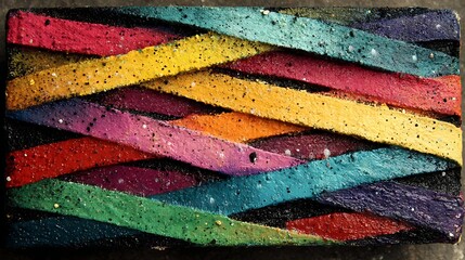 Colorful acrylic strips running across a grungy canvas with hand drawn texture and black painted background