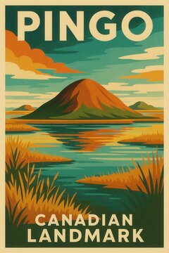 Artistic travel poster of Canada&rsquo;s Northwest Territories showing pingos in a tundra setting with reflective water and grassy vegetation under a partly cloudy sky