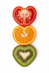 "Heart-Shaped Fruit Slices: Tomato, Mandarin, and Kiwi"