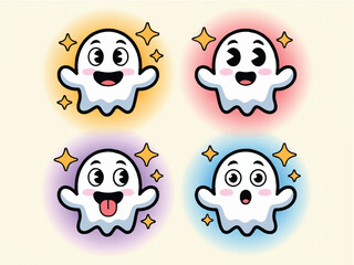 Cute Ghost Emojis Set - Halloween Emotions with Sparkles

