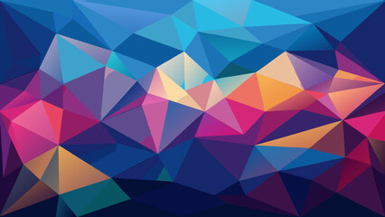 Fototapeta premium Vector art of a vibrant abstract geometric low poly pattern with a colorful gradient of blue, pink, purple, orange, and yellow triangles