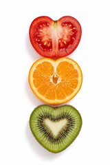 "Heart-Shaped Fruit Slices: Tomato, Mandarin, and Kiwi"