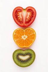 "Heart-Shaped Fruit Slices: Tomato, Mandarin, and Kiwi"