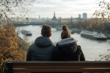 Romantic moment of a loving couple on a date by the fountain, golden light atmosphere, generative ai