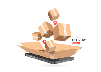 parcel boxes or cardboard boxes are floating in mid-air with pins indicating delivery location to customers, all on smartphone screen, vector 3d isolated for e commerce, delivery, online shopping
