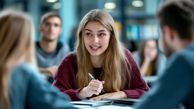 A young, attentive female student actively participating in a discussion or lecture, surrounded by other students in a modern classroom setting. - Powered by Adobe
