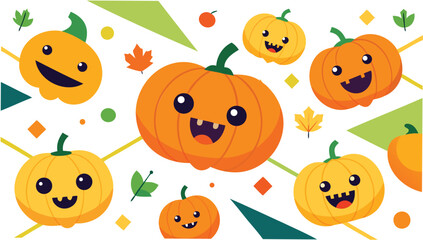 Cartoon halloween pumpkins with happy faces and autumn leaves on a white background illustration