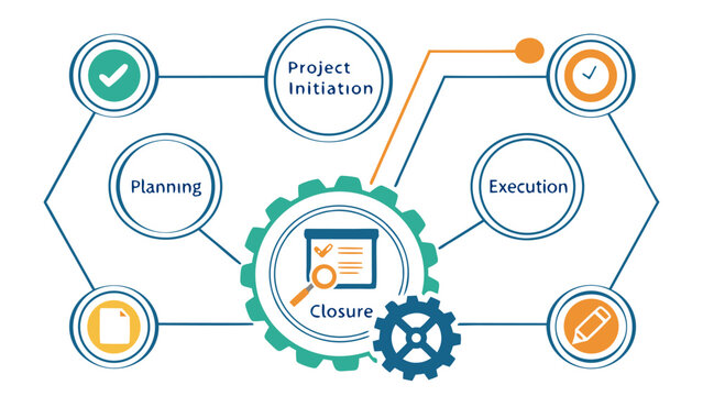 Illustration showing project management phases including initiation planning execution and closure steps process