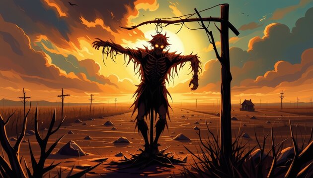 a possessed scarecrow with twisted limbs and glowing eyes moving unnaturally in the wind