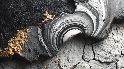 Grunge style painting with swirled acrylic lines spread across a cracked black wall with canvas texture