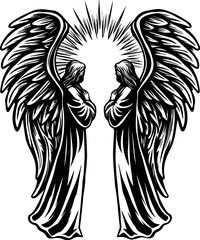 SVG of a bone cathedral rising above skeletal cities, designed for bold tattoo art. Two Majestic Angels with Wings Standing Back to Back in Silhouette