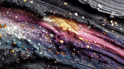 Dynamic strip painting with streaked acrylics across a grainy black backdrop with visible brush relief