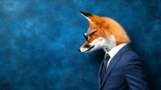 A witty and stylish image of a fox with human attire, wearing a suit and glasses, looking thoughtfully to the left against a textured blue background.
