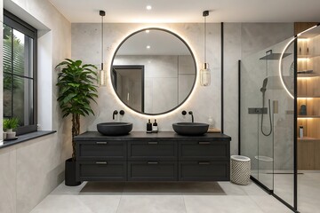 Modern luxury bathroom with double vanity round illuminated mirror and walk in shower