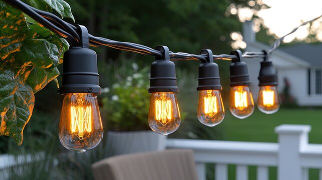 Outdoor string lights illuminate a patio.  Warm-toned Edison-style bulbs hang on a black cord, strung across a deck.  Green foliage and a house are in the background