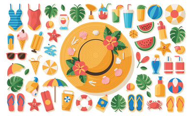 Colorful summer-themed icon set featuring sun hats, swimsuits, ice cream, drinks, sunglasses, and beach items on white background